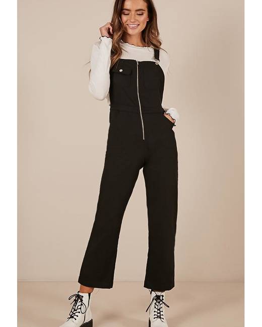 ASOS DESIGN dungaree dress in black with contrast stitch