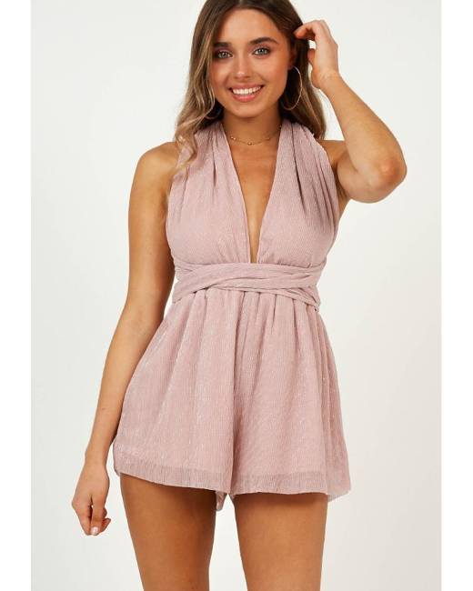 AngelSpace Women Deep V-Neck Sequin Relaxed Open Back Shorts Romper Playsuit