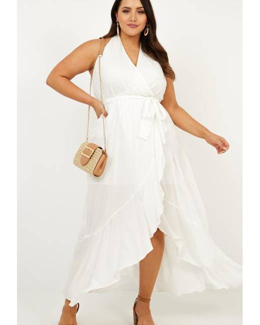 ASOS LUXE halter neck ruched mini dress with tulle hem in white