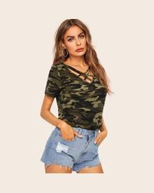 ROMWE Camo Print Crisscross Short Sleeve Tee