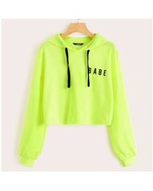ROMWE Neon Lime Letter Graphic Drawstring Hoodie