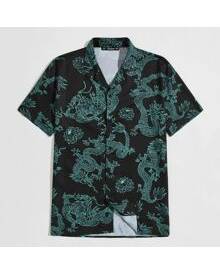 ROMWE Guys Notch Collar Allover Dragon Print Shirt