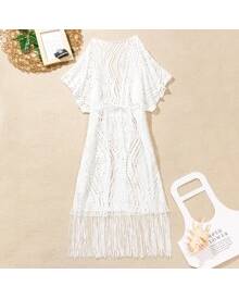 ROMWE Tassel Hem Hollow Out Tie Waist Kimono