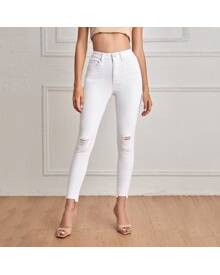 ROMWE High Waist Ripped Raw Hem Skinny Cropped Jeans