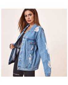 ROMWE Button Front Ripped Denim Jacket