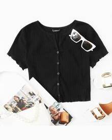 ROMWE Button Front Lettuce Trim Rib-knit Tee