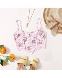 ROMWE Cartoon & Gingham Print Bustier Crop Cami Top