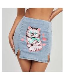 ROMWE Cat Print Split Hem Denim Skirt