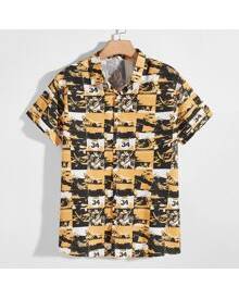 ROMWE Guys All Over Print Button Front Shirt