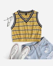 ROMWE Striped Trim Crop Tank Top