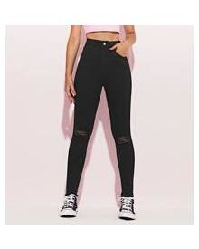 ROMWE High Waist Ripped Raw Hem Skinny Cropped Jeans