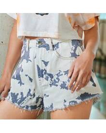 ROMWE Tie Dye Raw Hem Denim Shorts