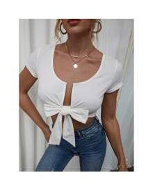 ROMWE Tie Front Scoop Neck Crop Top