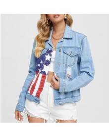 ROMWE American Flag Print Flap Pocket Ripped Detail Denim Jacket