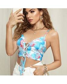 ROMWE Marine Life Lace Up Knot Cami Crop Top