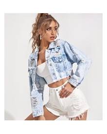 ROMWE Ripped Detail Flap Pocket Crop Denim Jacket