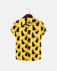 ROMWE Guys Allover Cat Button Through Shirt