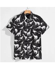 ROMWE Guys Dinosaur Print Button Up Shirt