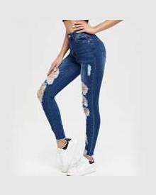 ROMWE High Waist Ripped Raw Hem Cropped Jeans