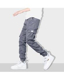 Fensajomon Men Casual Plain Multi Pockets Drawstring Cargo Jogger Pants Trousers