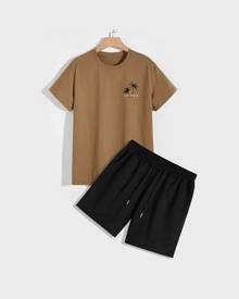 ROMWE Guys Plants And Letter Print Tee & Drawstring Shorts