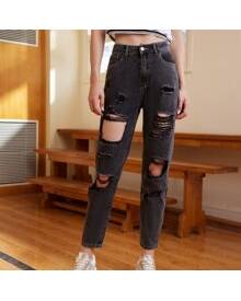 ROMWE High Waist Ripped Raw Hem Cropped Jeans