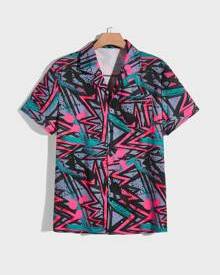 ROMWE Guys All Over Print Button Front Shirt