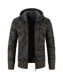 ROMWE Guys Camo Print Teddy Lined Hooded Cardigan Without Tee