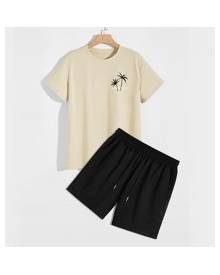 ROMWE Guys Plants And Letter Print Tee & Drawstring Shorts