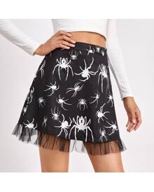 ROMWE Spider Graphic Contrast Mesh Skirt