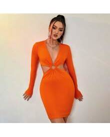 ROMWE Neon Orange Plunging Neck Ring Linked Cut Out Bodycon Dress