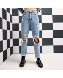 ROMWE High Waist Ripped Raw Hem Cropped Jeans