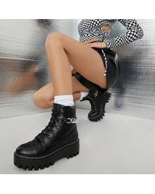 ROMWE Curb Chain Faux Leather Lace-Up Chunky Combat Boots