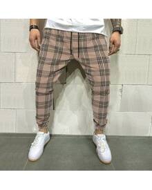 ROMWE Guys Plaid Drawstring Waist Joggers