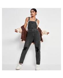 ROMWE Patch Pocket Ripped Denim Overalls