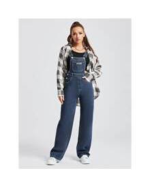 ROMWE Letter Patched Pocket Denim Overalls Without Tank