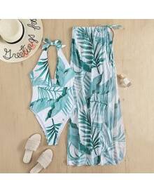 2pack Fluid Pattern Ring Linked One Piece Swimsuit & Beach Skirt