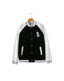 ROMWE Guys Letter Floral Graphic Colorblock Button Front Baseball Jacket