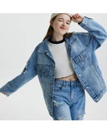 ROMWE Ripped Detail Single Breasted Denim Jacket