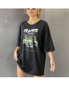 Car & Letter Graphic Oversized Tee, ROMWE USA