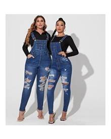 ROMWE 1pc Ripped Slant Pockets Denim Overalls Without Tee