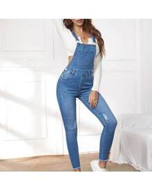 ROMWE Slant Pocket Ripped Raw Cut Denim Overalls