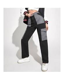ROMWE Color Block Embroidery Detail Cargo Jeans