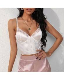 ROMWE Lace Trim Satin Cami Crop Top