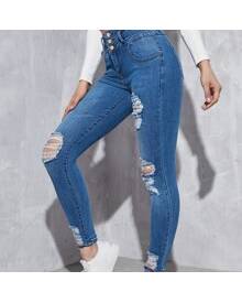 ROMWE Buttoned Waistband Ripped Jeans