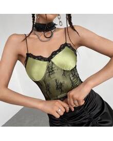 ROMWE Contrast Lace Bustier Crop Satin Cami Top