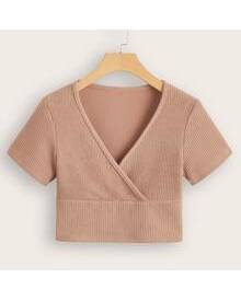 ROMWE Surplice Neck Ribbed Crop Tee