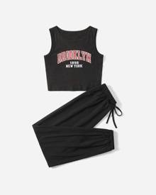 ROMWE Letter Graphic Ribbed Tank Top & Sweatpants