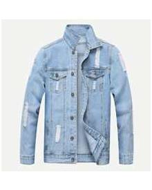 ROMWE Guys Ripped Solid Denim Jacket