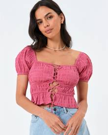 Glassons Ruched Split Front Tie Puff Sleeve Top